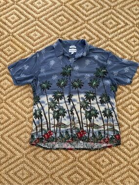Saddlebred Blue Palm-Print Short-Sleeve Button-Down Shirt